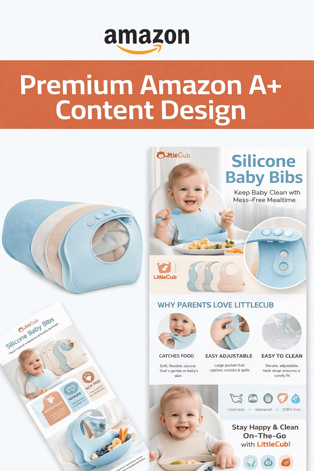 Premium Amazon A+ content design showcasing baby silicone bibs with product features
