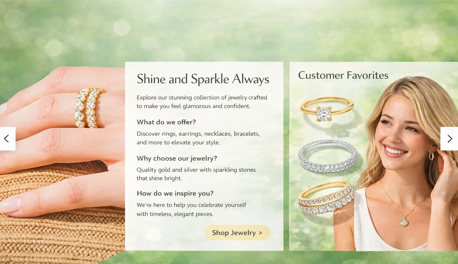 Green-themed jewelry banner showing stacked gold rings on a hand
