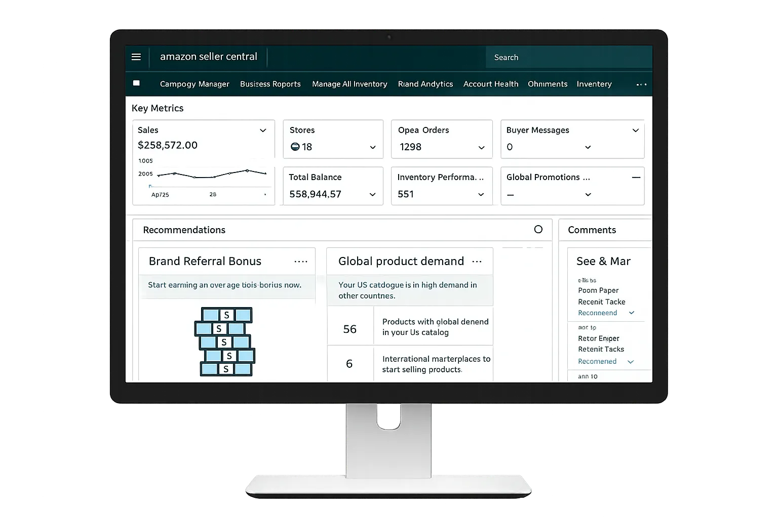 Amazon Seller Central dashboard displayed on desktop monitor with transparent background