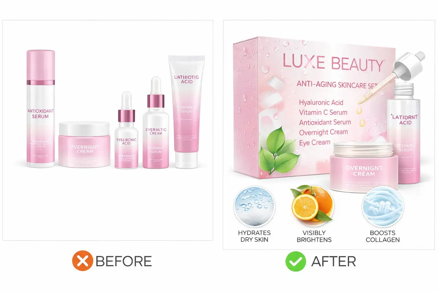 Before and after Amazon main image showing skincare set upgraded with packaging