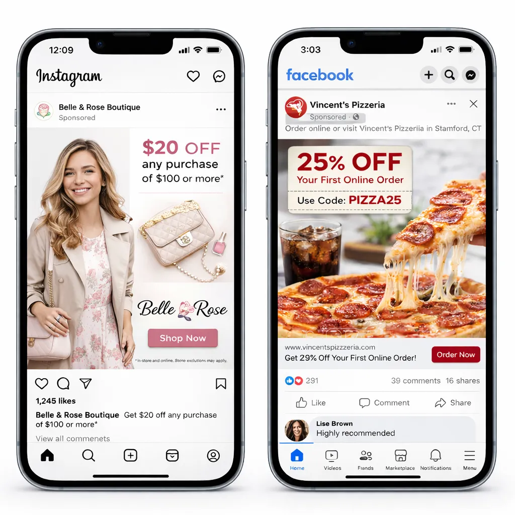 Instagram and Facebook mobile ads displayed on smartphones