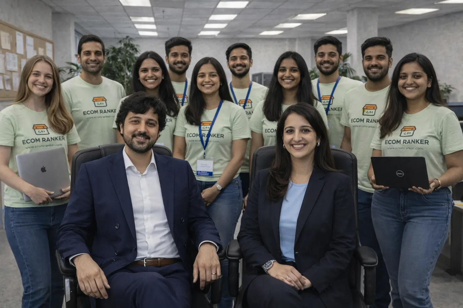 Ecom Ranker leadership team seated with staff in professional office setting