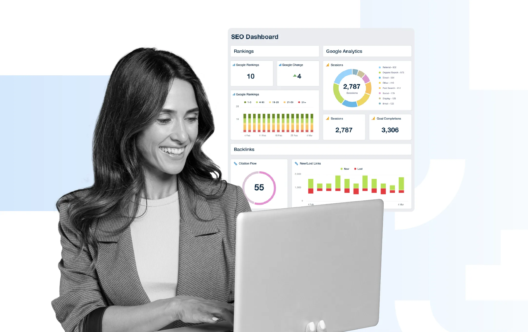 AI-powered SEO analytics dashboard displayed on a laptop with keyword insights