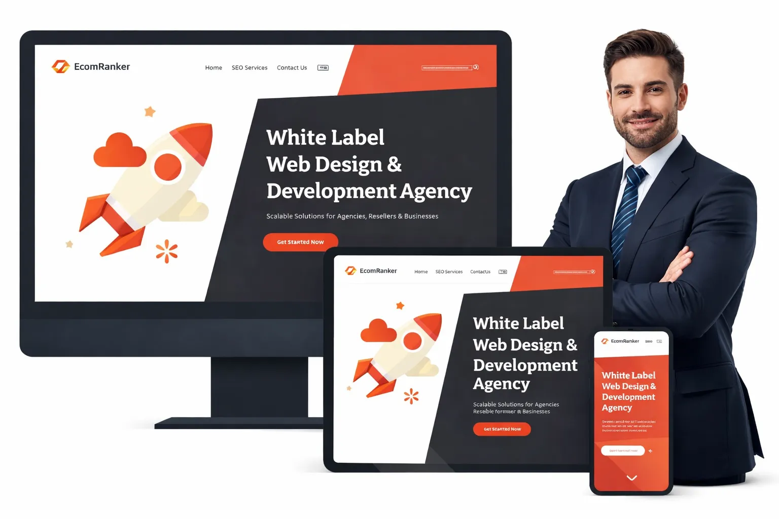 Web design and development agency mockup showing white label website layout across devices with a professional consultant