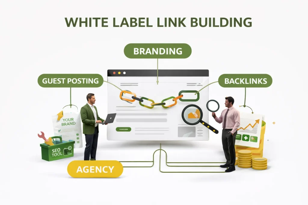White label link building services with real SEO professionals working on backlinks, guest posting, and branding strategies