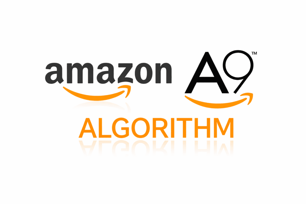 Amazon A9 algorithm concept graphic showing Amazon logo, A9 symbol, and algorithm text representing Amazon search ranking system.