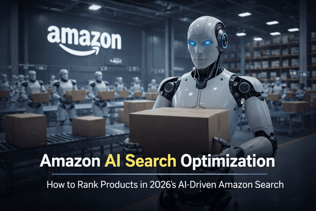 Amazon AI search optimization concept with robots in warehouse