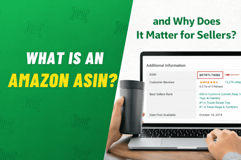 Amazon ASIN guide illustration showing product ASIN number on an Amazon listing page.