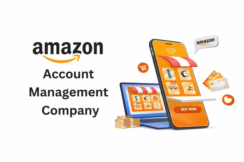 Amazon account management company illustration with laptop and smartphone