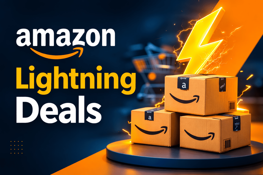 Amazon Lightning Deals promotion banner with Amazon boxes and lightning icon