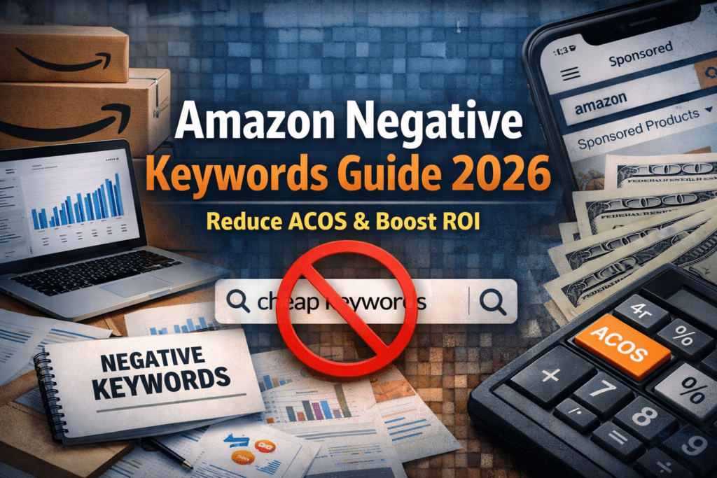 Amazon Negative Keywords Guide 2026 banner showing PPC optimization, ACOS reduction, and ROI growth strategy