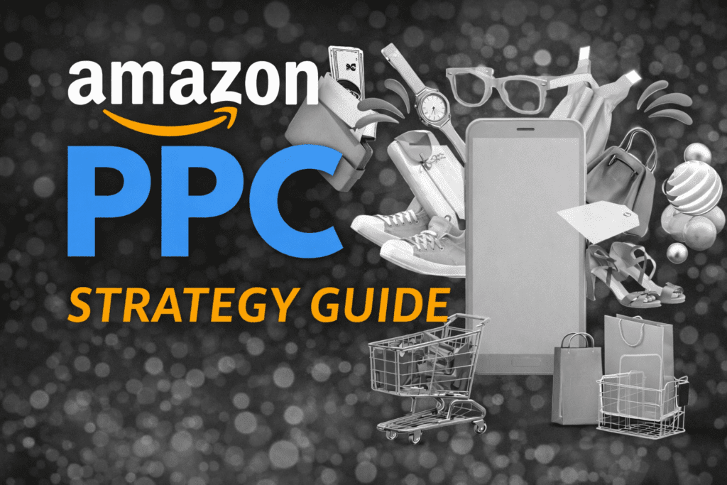 Amazon PPC strategy guide illustration showing ecommerce advertising and product promotion.