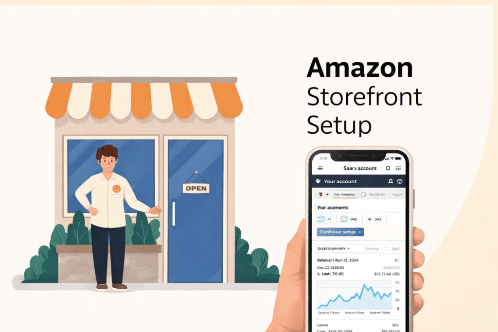 Amazon Storefront setup concept with Seller Central dashboard