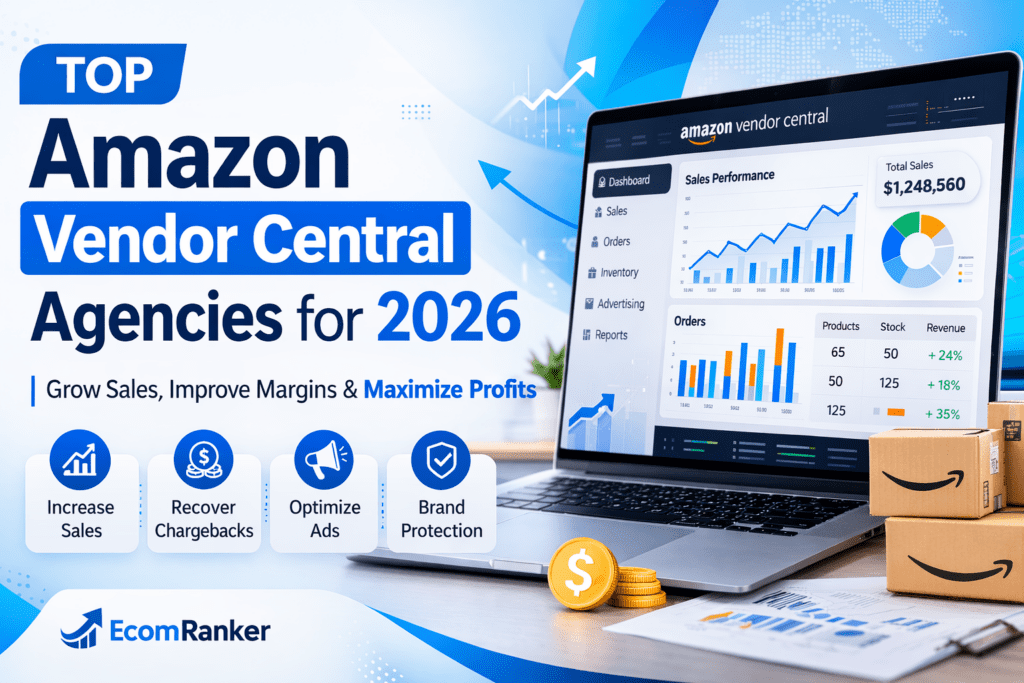 Amazon Vendor Central dashboard banner illustrating top Vendor Central agencies for 2026.