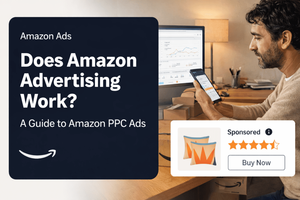 Amazon PPC advertising concept with sponsored product ad preview.