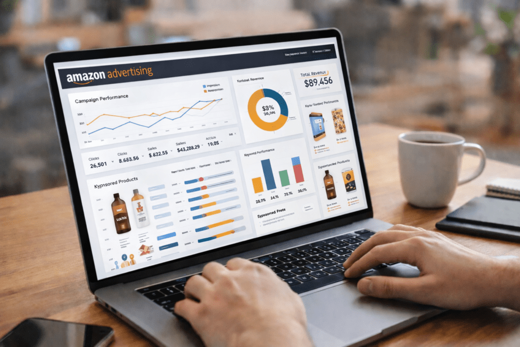 Amazon advertising dashboard on laptop showing marketing analytics