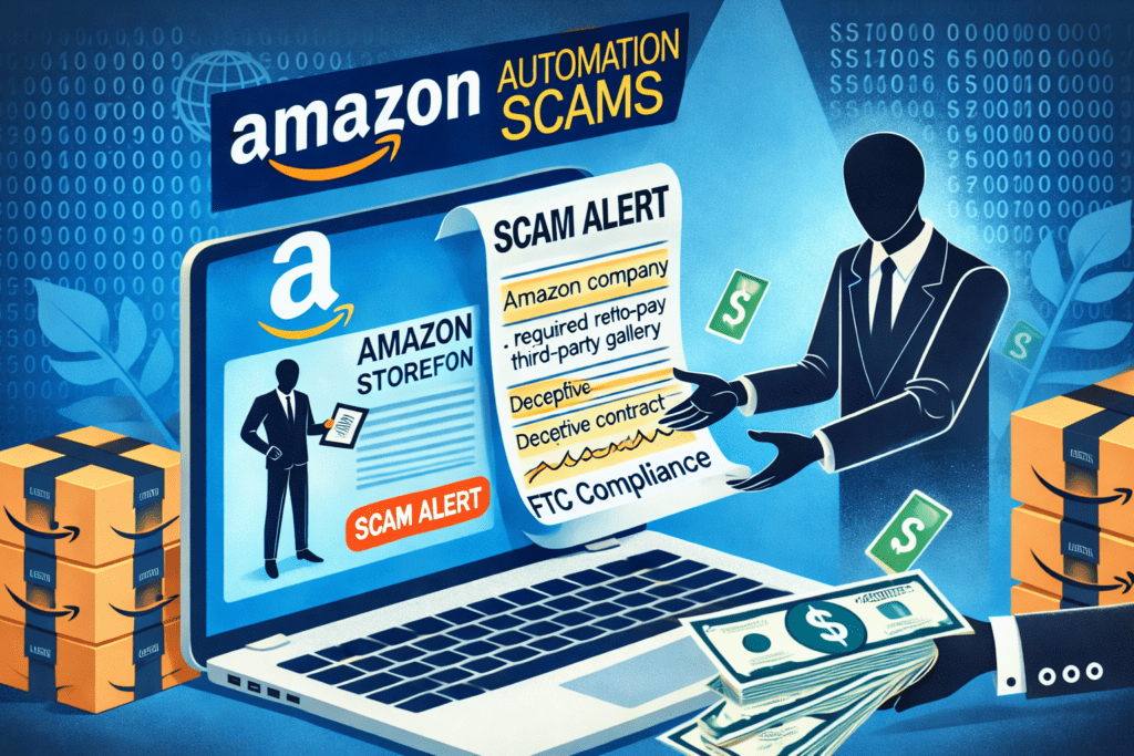 Amazon automation scam concept showing fake automated Amazon store