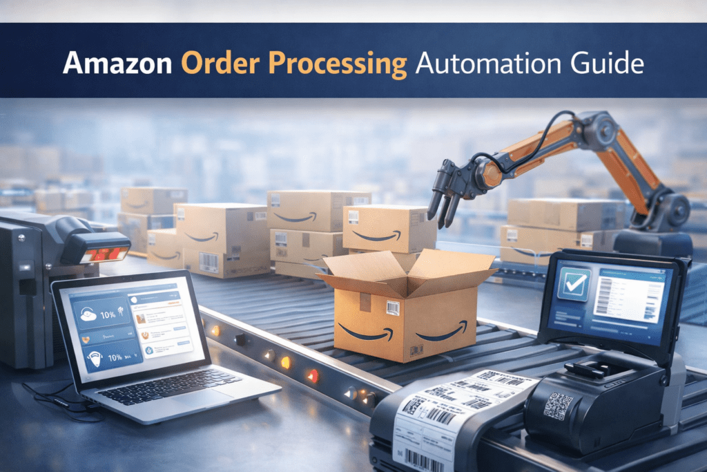 Amazon fulfillment automation with conveyor system and shipping workflow