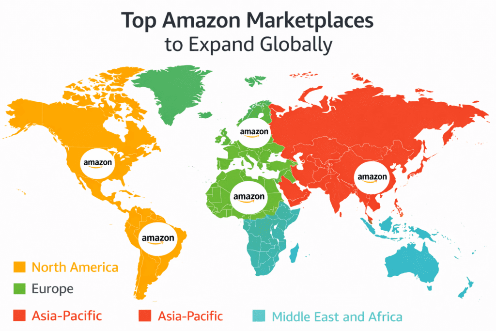 Amazon global marketplaces map showing top countries for international selling
