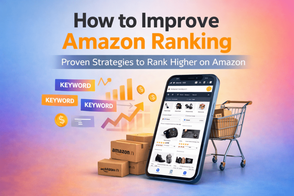 how to improve Amazon ranking with a smartphone displaying Amazon product listings