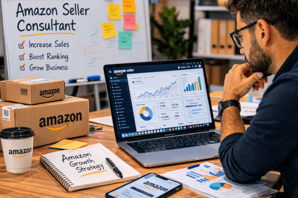 Amazon seller consultant analyzing Amazon sales dashboard on laptop