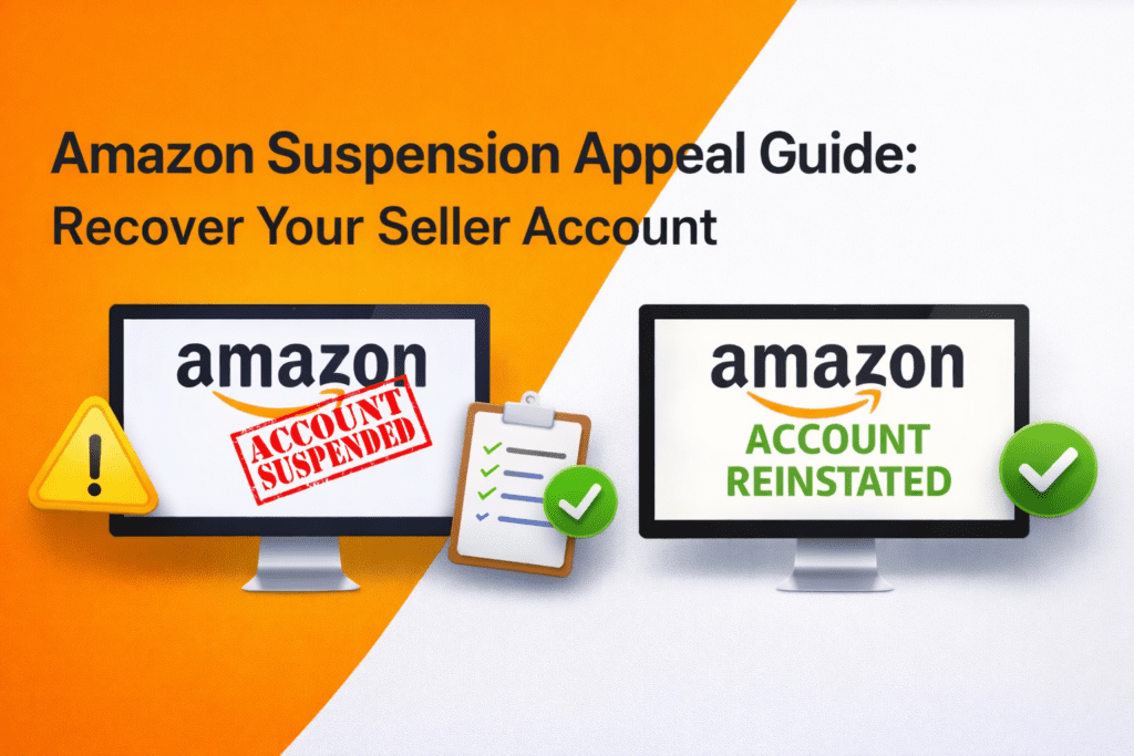 Amazon suspension appeal guide banner showing account suspended and reinstated