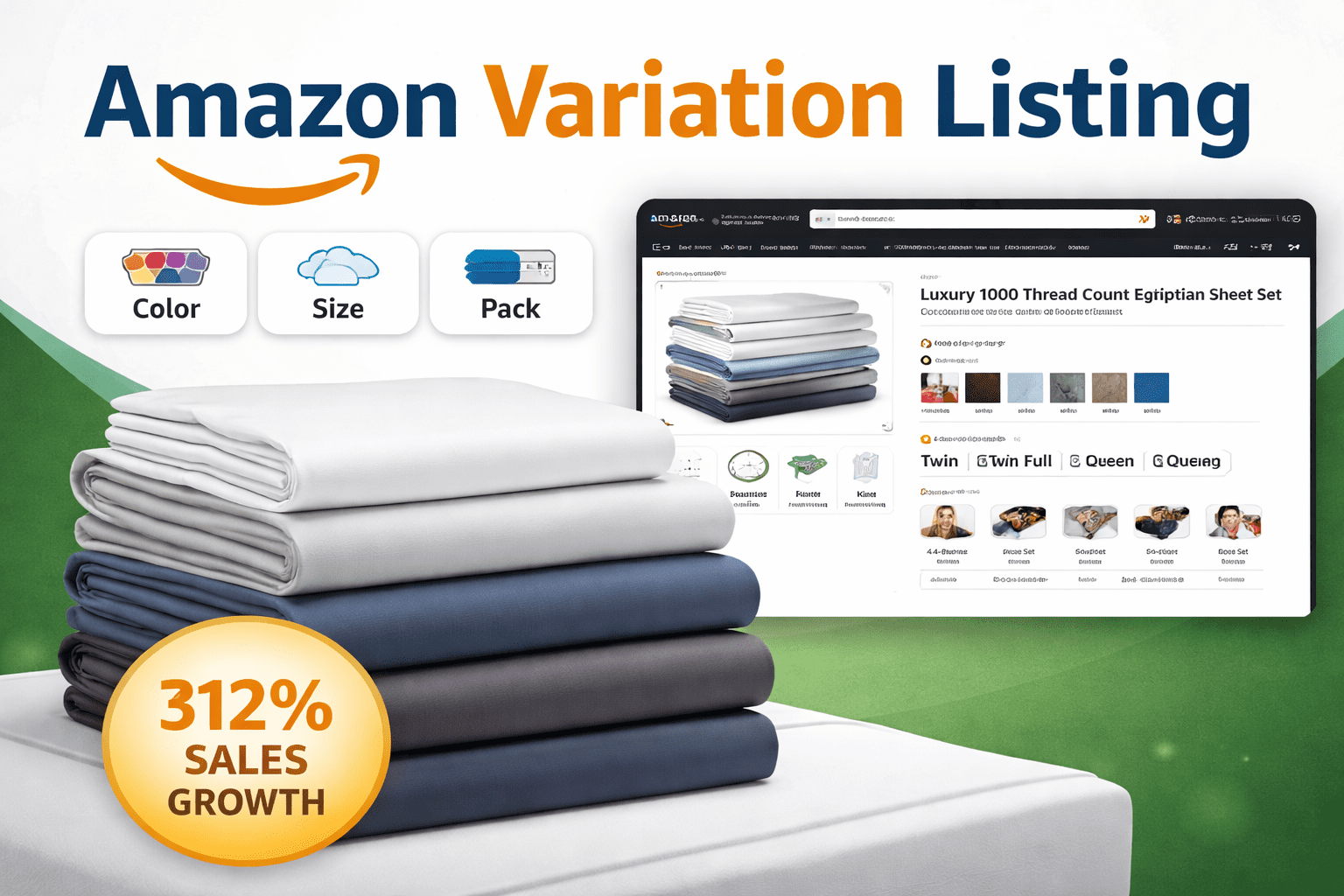 Amazon variation listing bed sheet product with 312% sales growth case study
