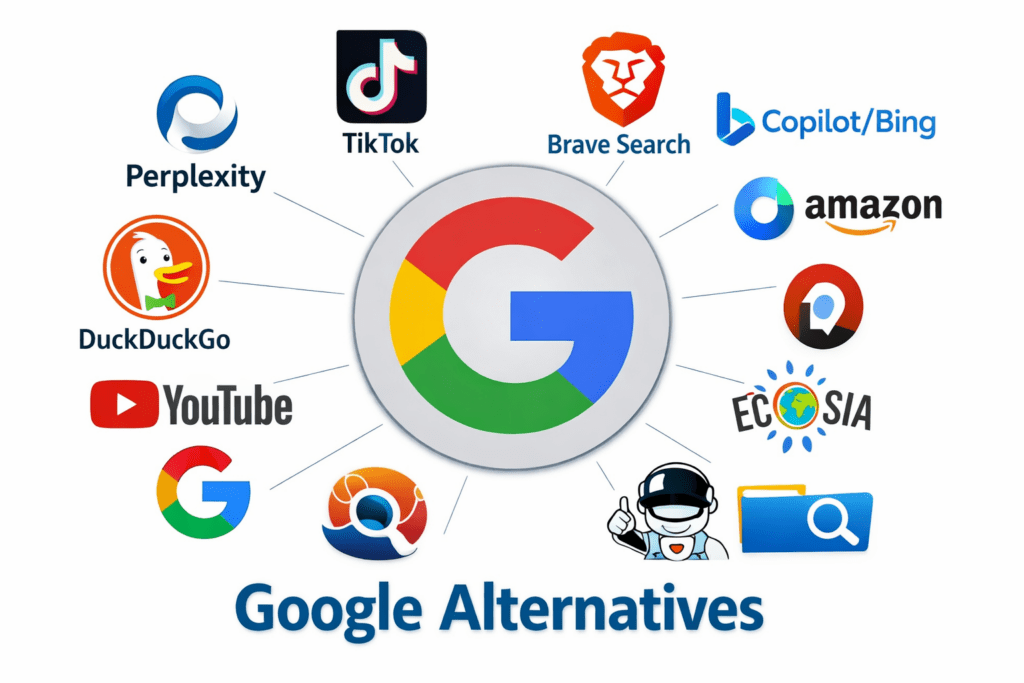 Google alternatives infographic showing 12 search engines like Perplexity, Brave, DuckDuckGo, TikTok, YouTube, and Amazon