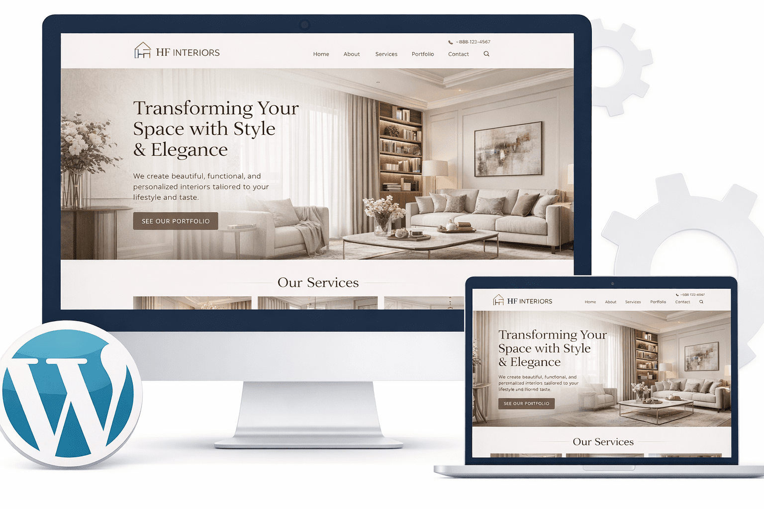 HF Interiors modern interior design website on desktop and laptop
