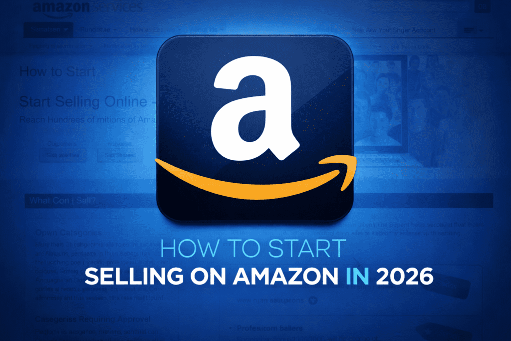 How to start selling on Amazon in 2026 guide with Amazon logo