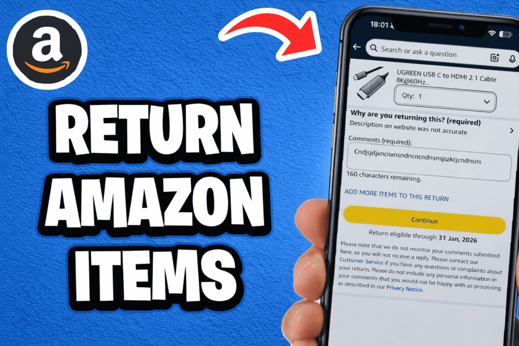 Amazon item return process illustration with mobile app interface