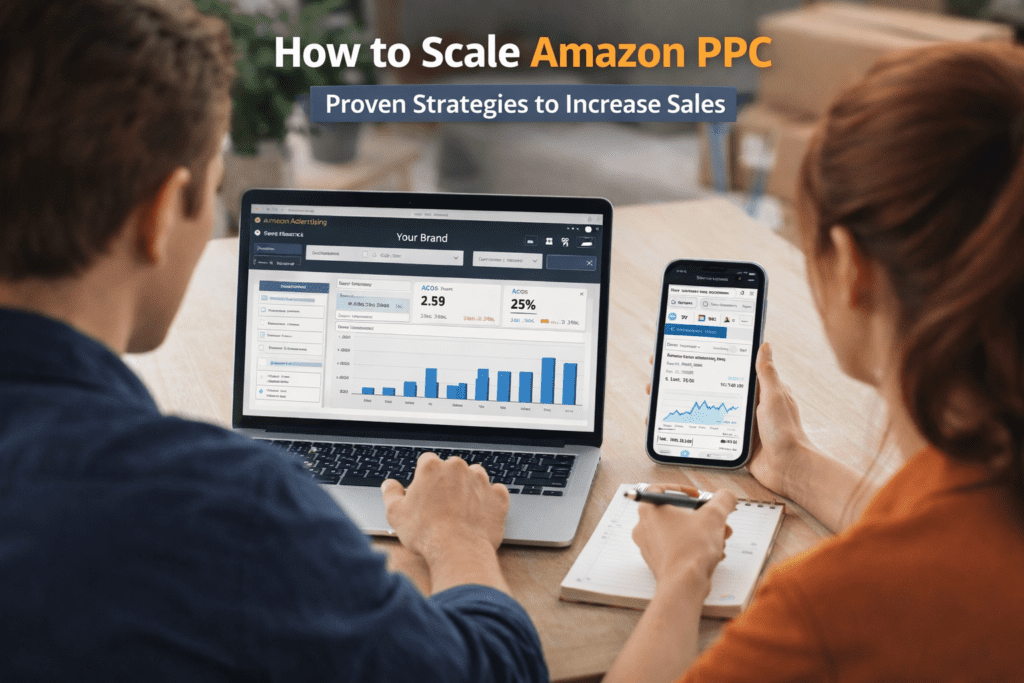 Two marketers analyzing Amazon PPC campaign performance