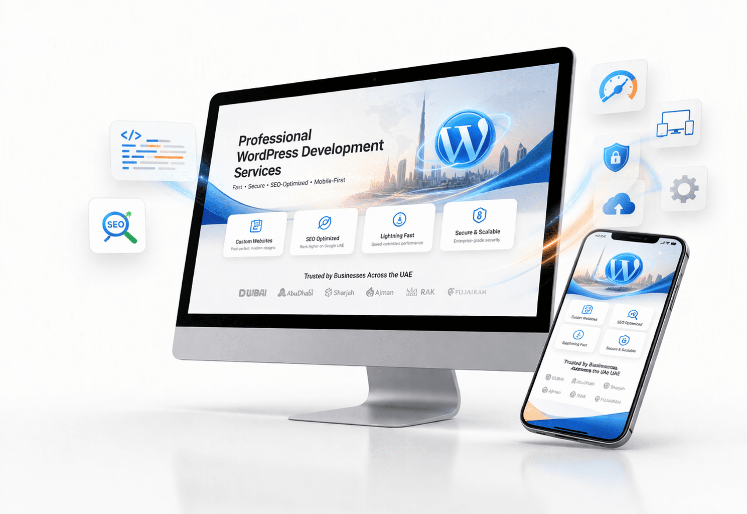WordPress UI showcase with tech icon