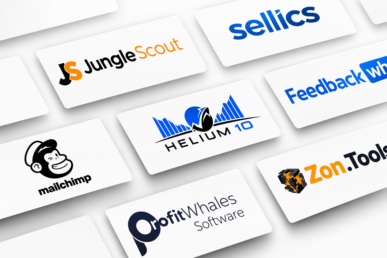 Amazon seller tools logos including Jungle Scout, Helium 10, Sellics, Mailchimp, ProfitWhales, FeedbackWhiz and Zon.Tools displayed on white floating cards.
