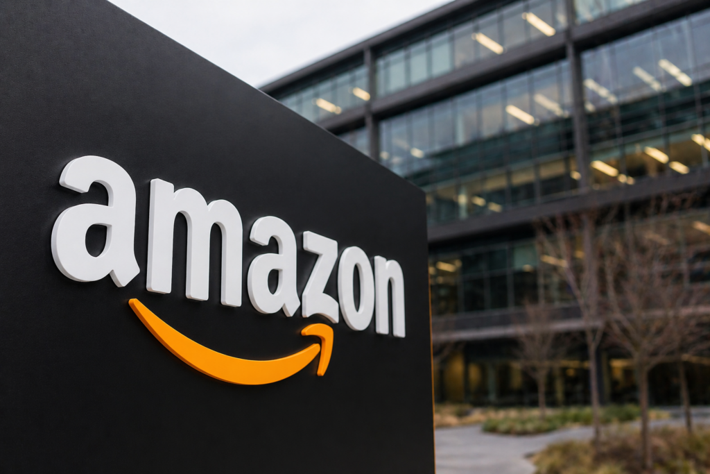 Amazon sign at corporate building entrance
