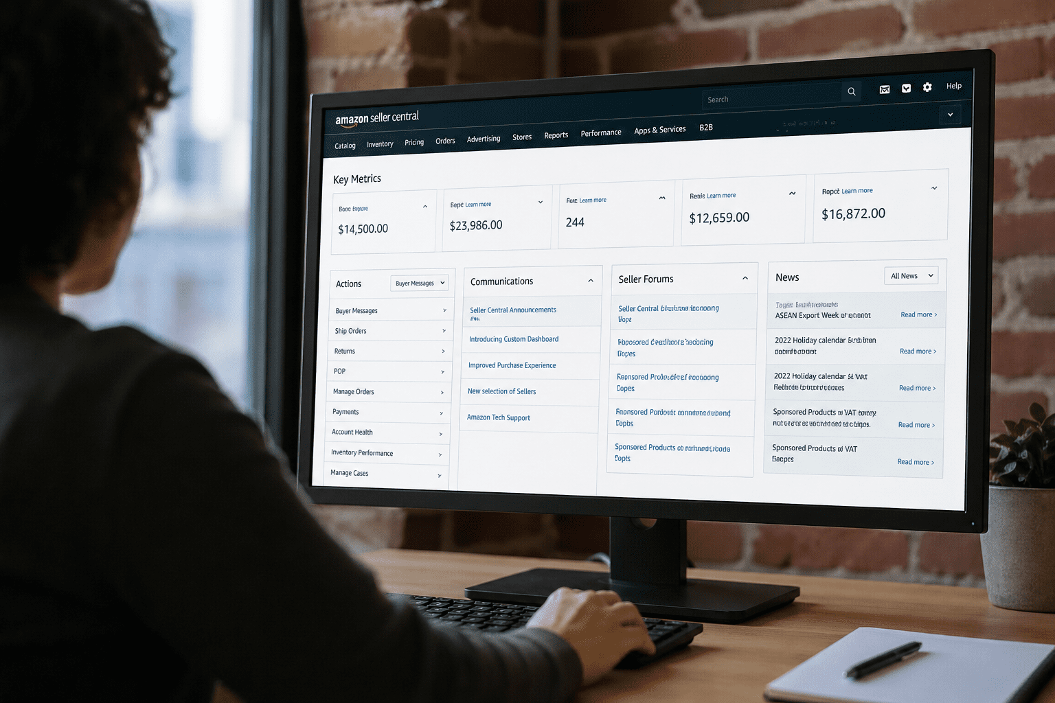 Office workspace with Amazon dashboard displayed