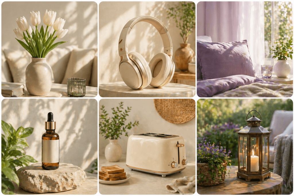 Serene home decor collage in natural light