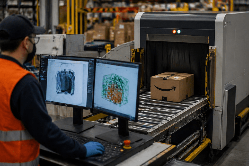 Warehouse scanning station at work