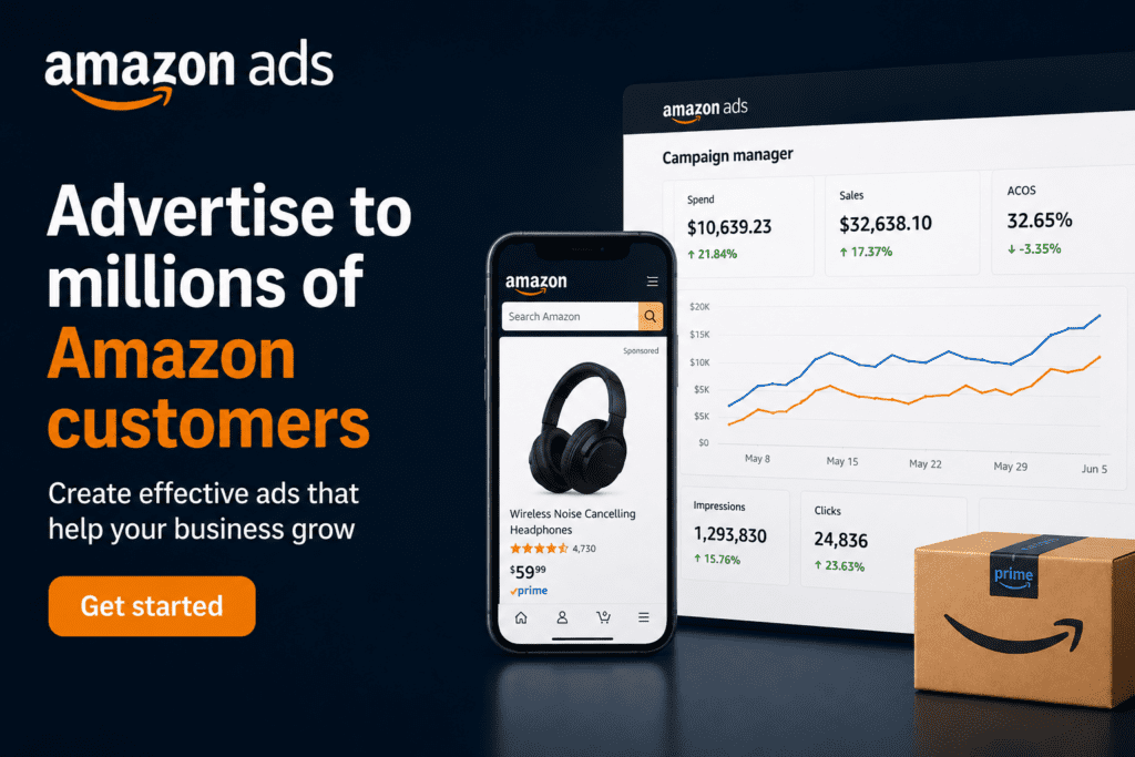 Amazon Ads campaign dashboard and ad mockup
