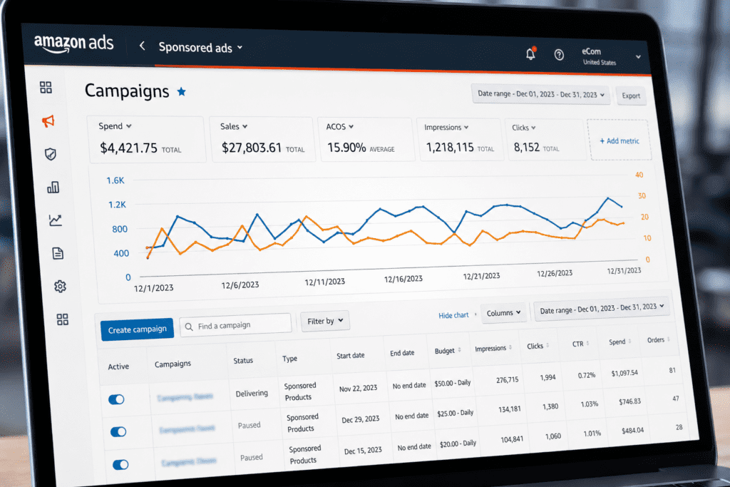 Amazon Ads campaign dashboard overview