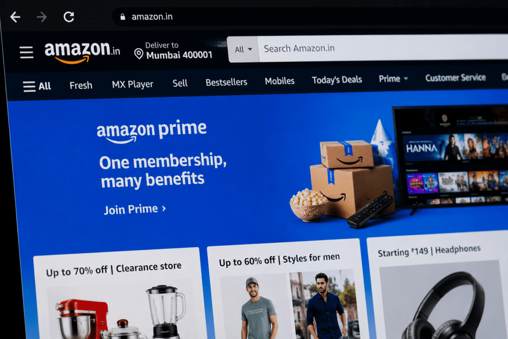 Amazon India homepage on tablet screen
