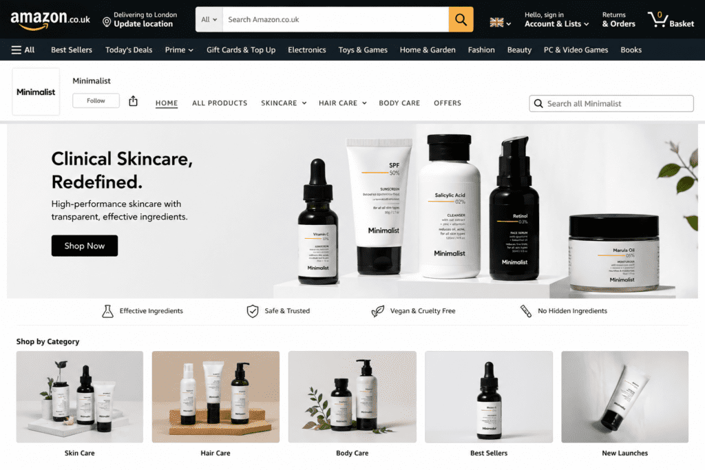 Amazon UK Minimalist brand storefront
