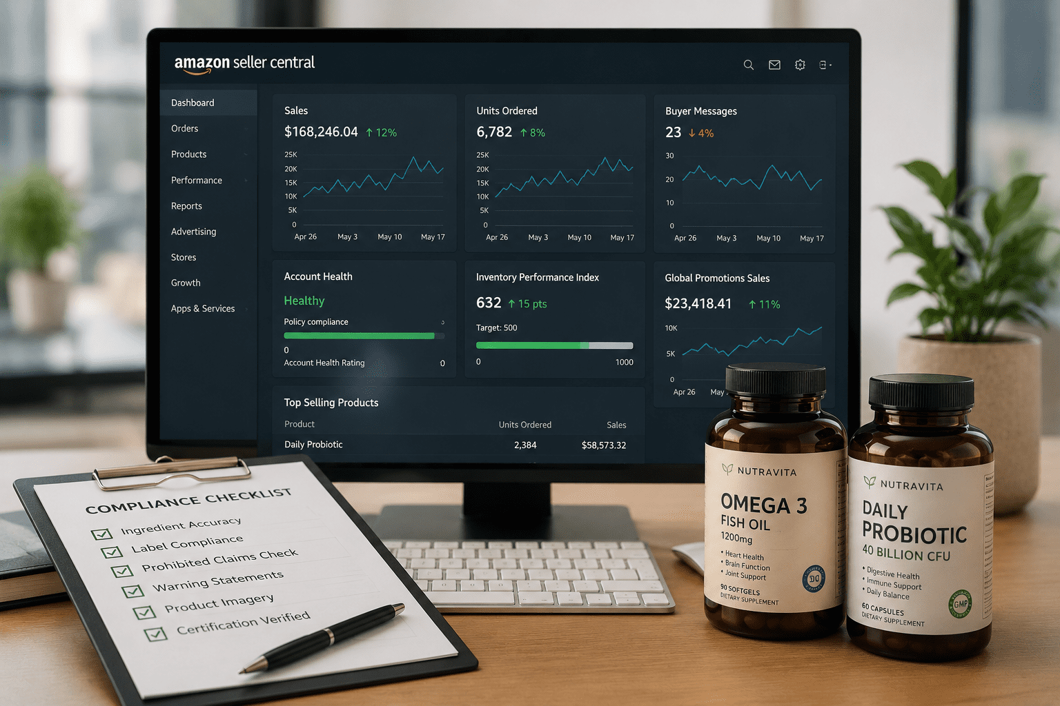 Amazon seller dashboard and health supplements