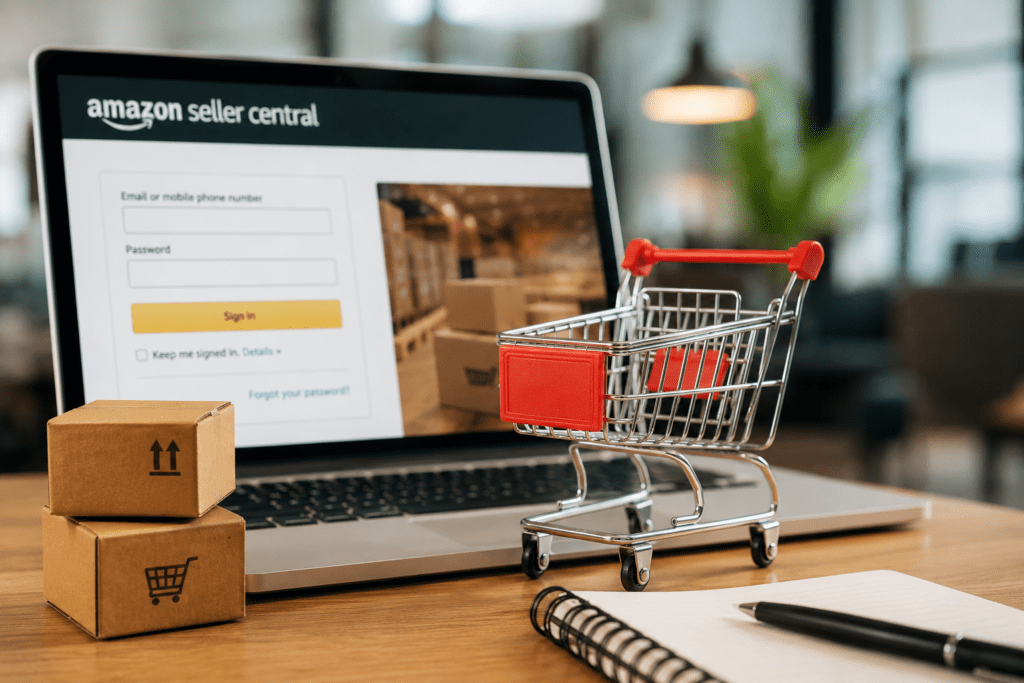 E-commerce desk setup with packages