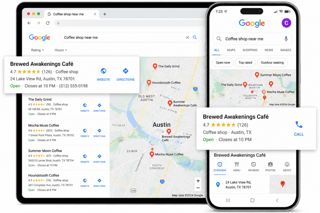 Google search and maps for coffee shops