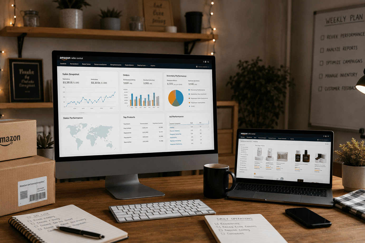 Home office with Amazon analytics dashboard