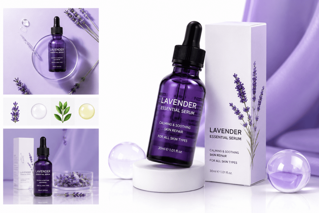 Lavender essential serum product display