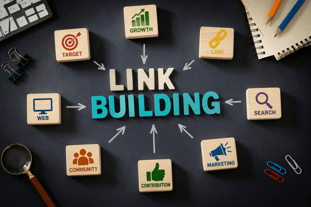 Link building strategy flat lay