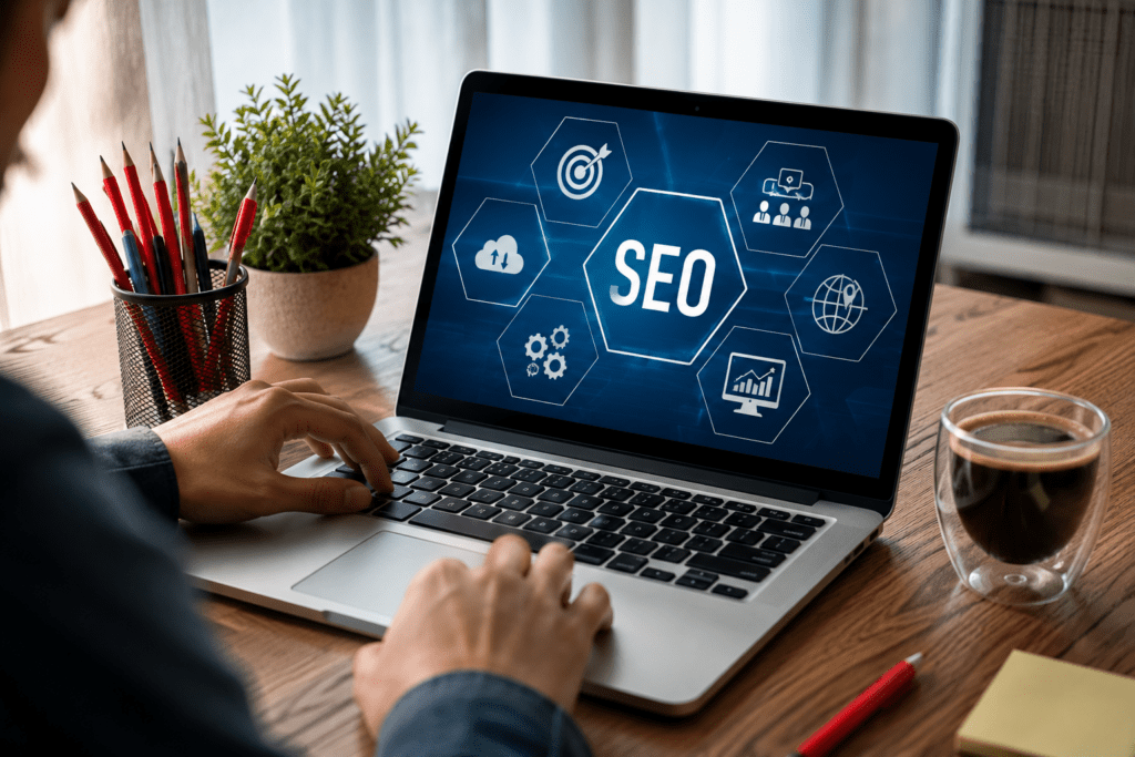Modern desk with SEO dashboard view