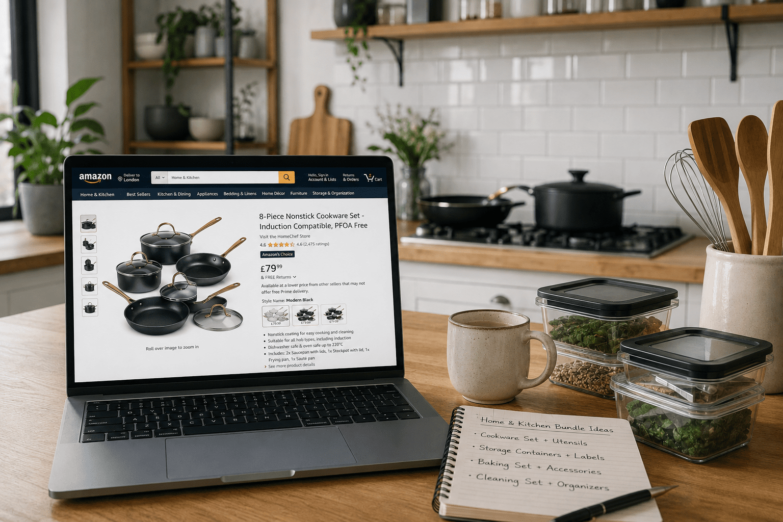 Modern kitchen workspace with online shopping